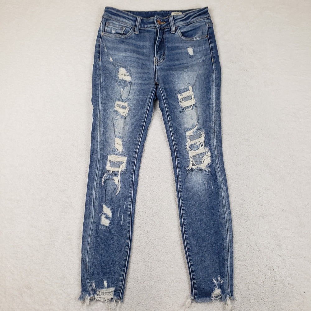 Bridge by‎ Gly Mid Rise Ankle Skinny Jeans Distressed Raw Hem Blue Size 27